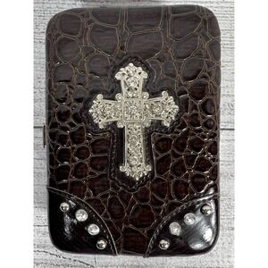 Vintage Y2K Croc Embossed Faux Leather Cross Wallet Flip Phone Holder Brown